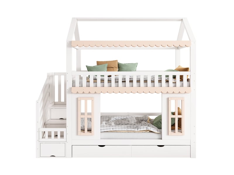  Lit superposé enfant 90x200 cm, lit cabane, escalier rangement, tiroirs, fenêtres, mdf, naturel et blanc, sans matelas  - Conforama A