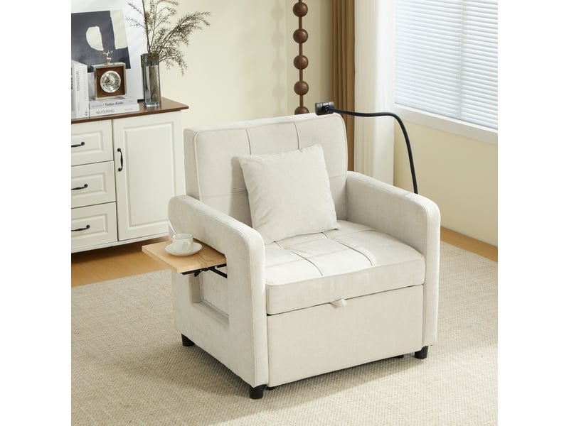  Fauteuil-lit convertible 2-en-1 en chenille beige, dossier réglable 5 positions, tablette et rangements, 167 cm IKSETERA TRADING LTD - Conforama B
