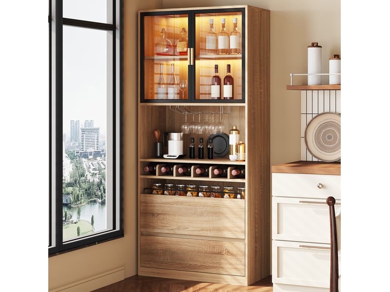  Vitrine 80x40x180 cm avec portes vitrées et éclairage led mdf naturel  - Conforama C