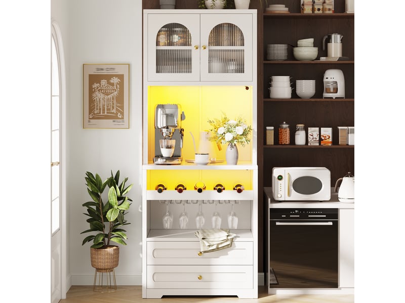  Buffet avec portes vitrées, tiroirs, led et range-bouteilles pour salle à manger en mdf 140×40×180 cm blanc  - Conforama B