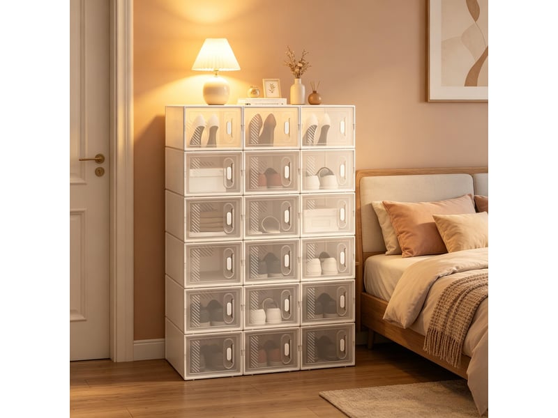  Boîtes à chaussures lot de 18 empilables - lpospi - ouverture frontale, plastique transparent blanc, 25 × 18,5 × 35,5 cm  - Conforama C