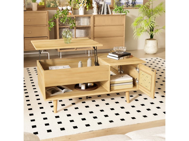  Table basse relevable effet bois et noir avec portes imitation rotin, 103 cm  - Conforama B
