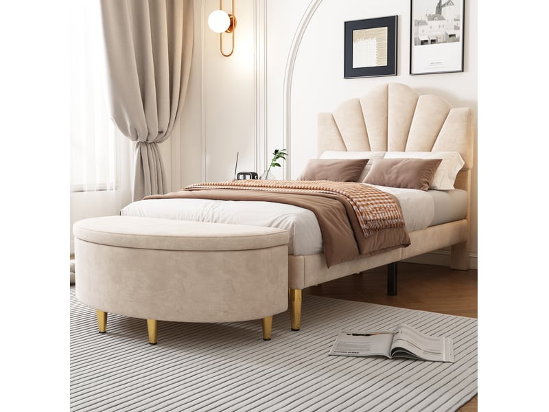  Banc coffre 90x40x42 cm en velours beige avec pieds en métal  - Conforama B