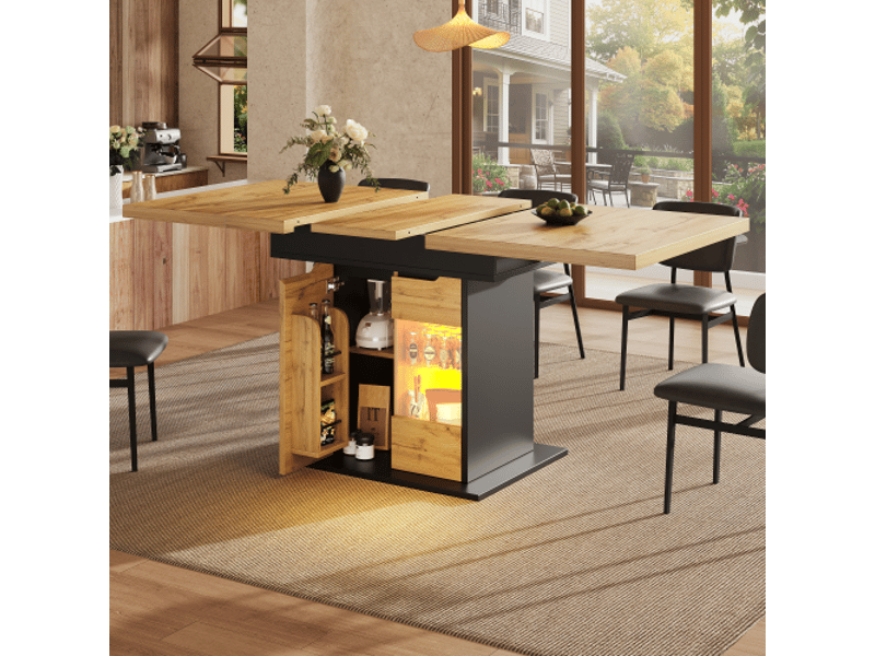 Table à manger extensible 110-140x80x76 cm pour 4-6 personnes, rangement intégré et led pilotée, mdf et verre, noir et naturel  - Conforama B