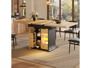 Table à manger extensible 110-140x80x76 cm pour 4-6 personnes, rangement intégré et led pilotée, mdf et verre, noir et naturel