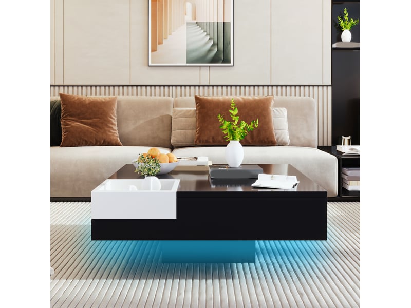  Table basse avec box de rangement amovible et led, pour salon, en panneau de particules, noir et blanc, 72 × 72 × 30 cm  - Conforama C