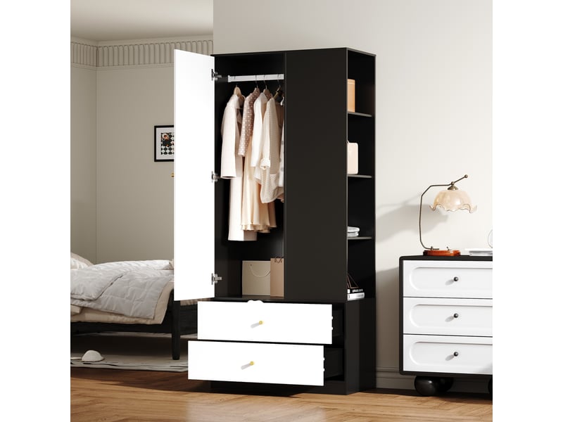  Armoire penderie avec miroir 80 x 40 x 180 cm – 1 porte miroir 2 tiroirs et 4 niches – mdf - noir et blanc  - Conforama E