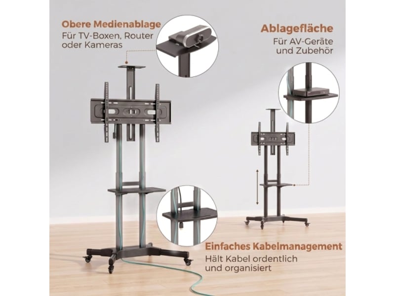  Support tv mobile réglable en hauteur pour tv 32-75, 2 étagères, métal, vesa 400x600 mm  - Conforama E