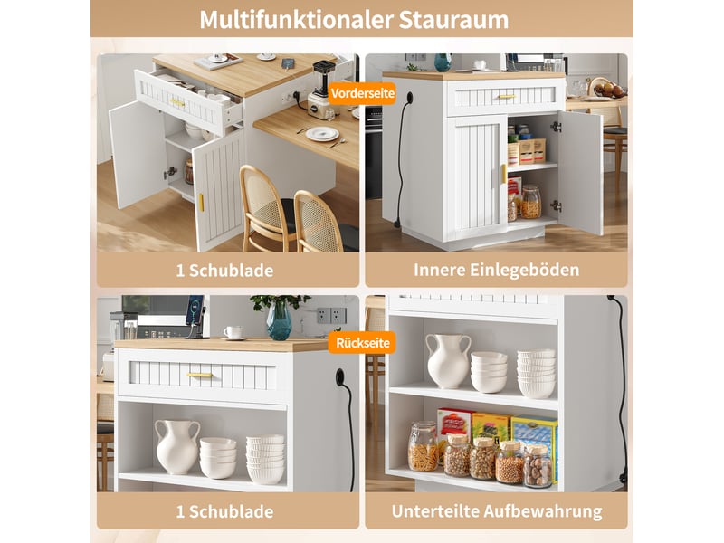 Desserte de cuisine extensible avec 1 tiroir, portes et étagères réglables, prise intégrée pour cuisine, blanc, 121,5×70×92 cm - Conforama E