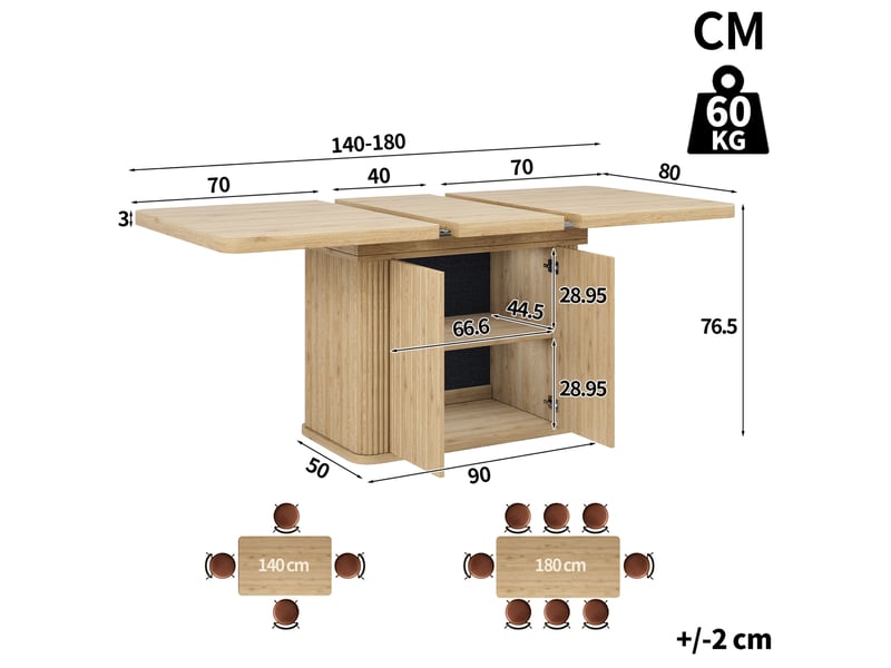  Table de salle à manger extensible avec rangement caché et 2 portes, plateau de 140 à 180 cm, bois clair, pour cuisine  - Conforama E