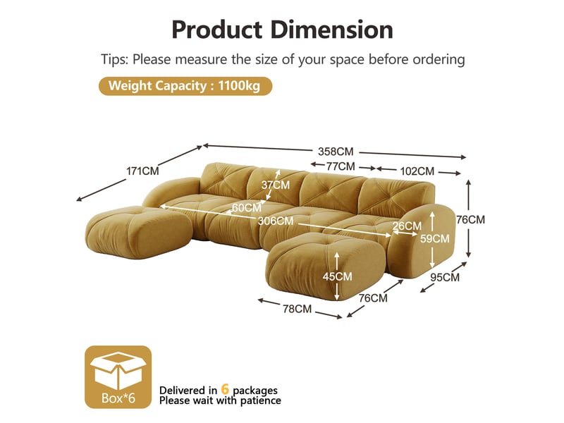  Canapé modulaire 4 places en u avec 2 poufs, design sans cadre et revêtement chenille antidérapant jaune  - Conforama E