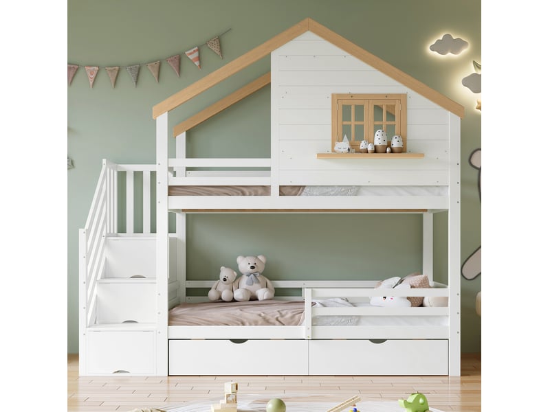  Modenvie lit superpose 90x200 cm - escaliers de rangement, fenetre ouvrante, sans matelas - blanc et naturel  - Conforama E
