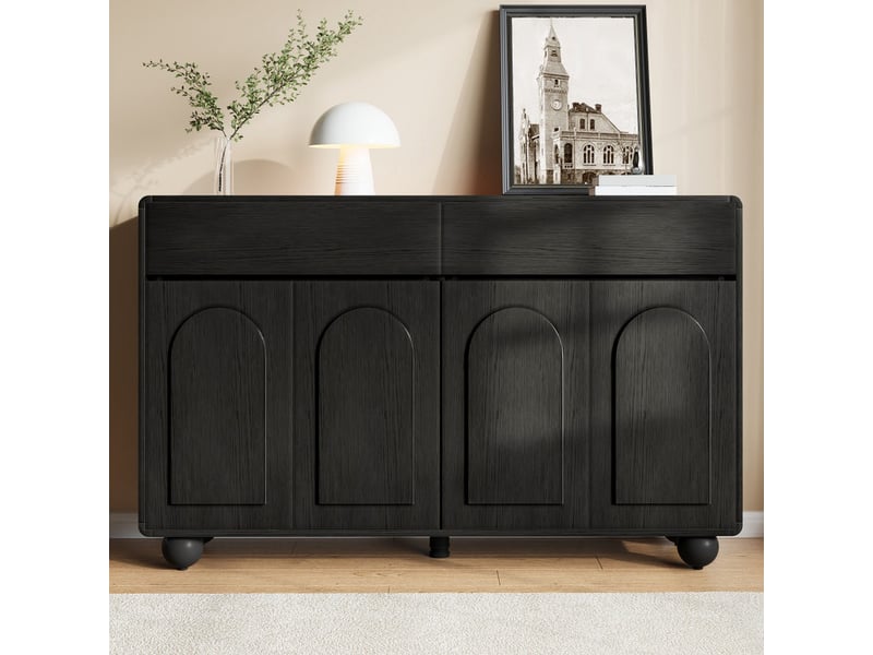  Buffet de salon à portes incurvées, meuble de rangement moderne en aggloméré et mdf, pieds ronds en métal, noir  - Conforama D
