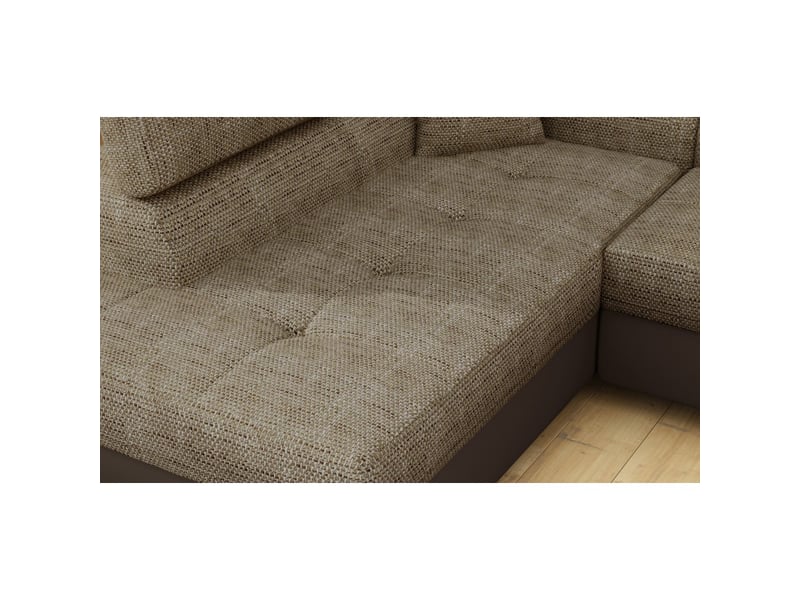  Canapé d'angle convertible menton beige et chocolat bouclé – angle gauche avec coffre  - Conforama E