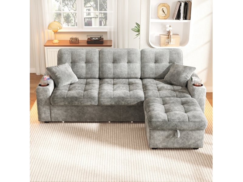  Canapé 3 places 194,5x133x83 cm avec rangement, usb-c, led, tiroirs à roulettes, pouf de rangement, chenille gris  - Conforama R