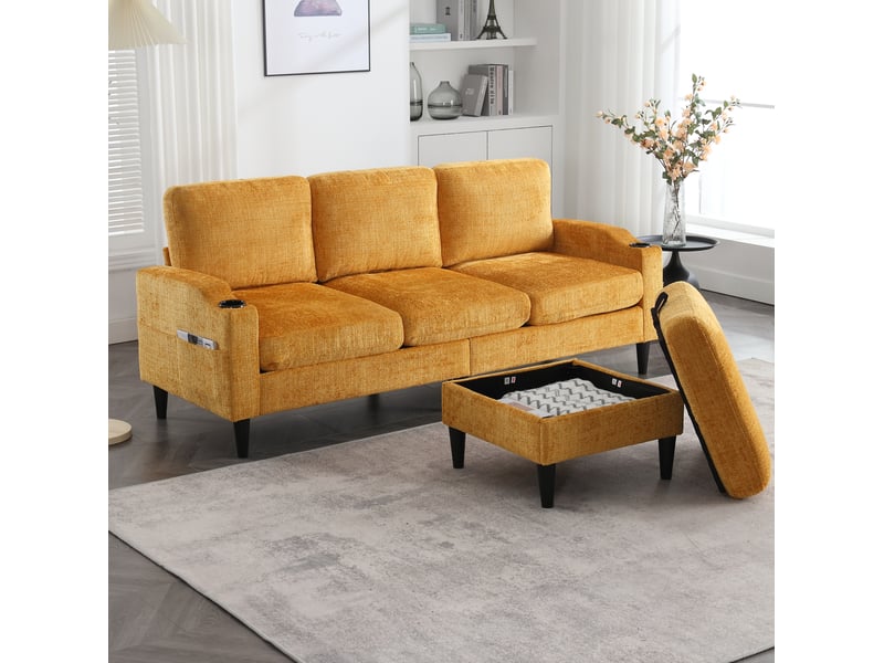  Canapé droit 196x75x77cm avec repose-pieds de rangement, porte-gobelet, poches latérales, accoudoirs, chenille jaune  - Conforama W