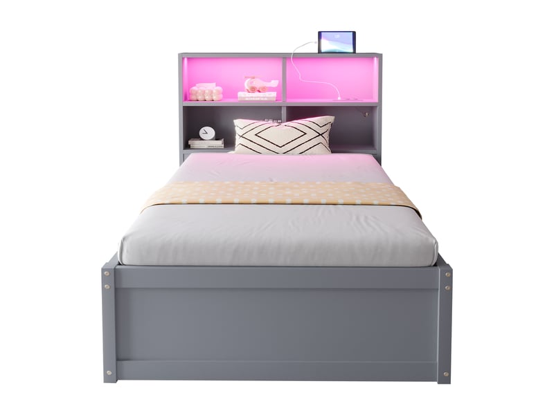  Lit banquette 200×90 cm avec rangement hydraulique, 4 compartiments, éclairage led et prises, en bois gris  - Conforama A