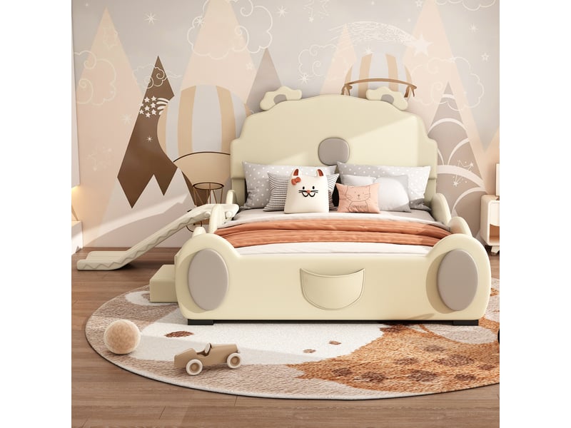  Lit enfant 140 x 200 cm, motif ours, avec toboggan et échelle, en polyuréthane beige, facile à nettoyer, forme adorable.  - Conforama D