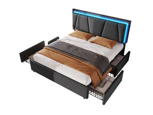 Lit coffre 2 places 160x200 cm, sans matelas, bois gris, tête de lit ajustable, sommier à lattes, 4 tiroirs, doté de led intégré