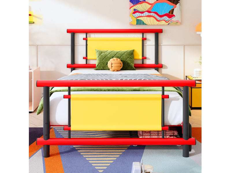 Modenvie lit enfant avec tiroirs 90x200 cm - structure metallique robuste, sans matelas - rouge  - Conforama E