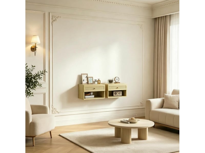 Lot de 2 chevets muraux suspendus en panneau de particules, coloris naturel, avec tiroirs et niches ouvertes - Conforama E