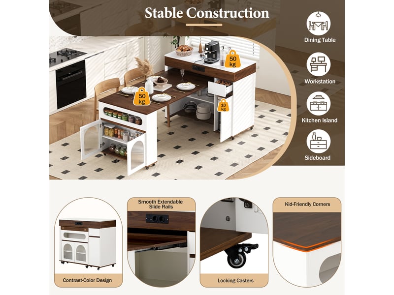 Desserte de cuisine extensible à roulettes avec prises, rangement et tiroir en mdf blanc noyer - Conforama C
