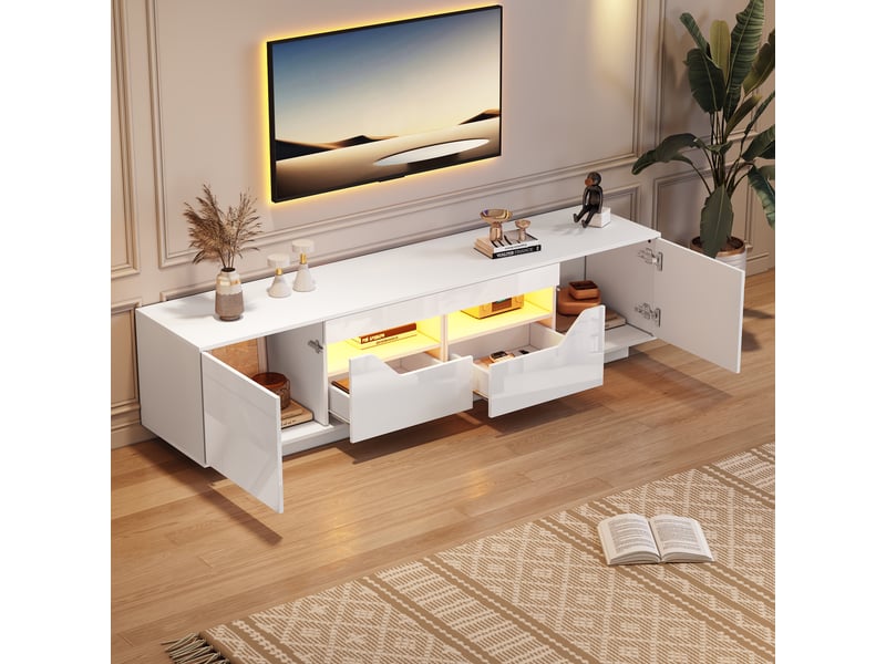 Meuble tv 180x40x45 cm, bahut tv avec 2 tiroirs et 2 portes, éclairage led contrôlable par application, finition brillante, 2 espaces de rangement semi-ouverts, panneaux de particules, design moderne, blanc Luxe haut de gamme - Conforama D