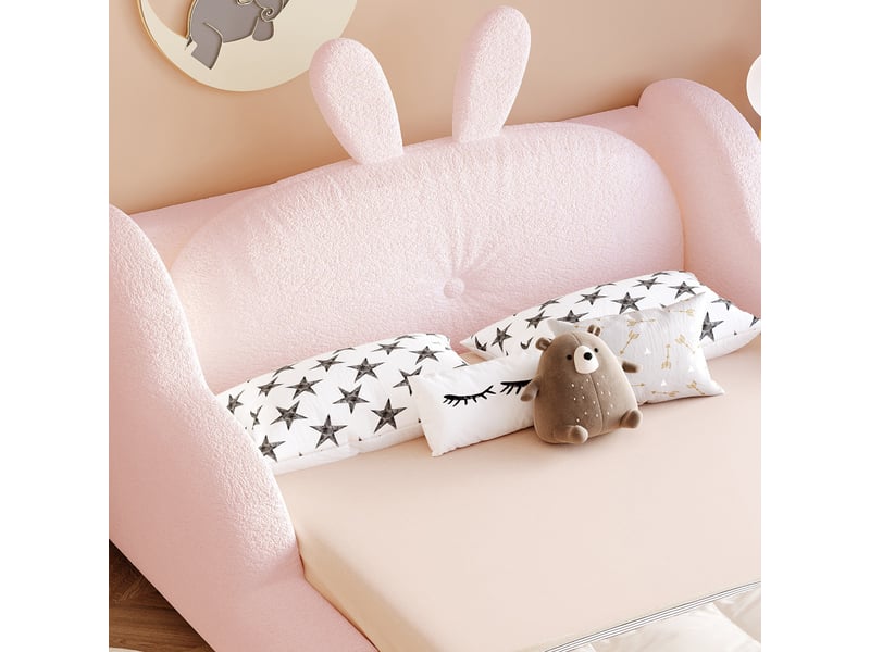  Lit enfant rose 90 x 200 cm avec coussin forme lapin barrières latérales nuages en peluche teddy doux et confortable idéal pour chambre BUYDEEMEUS - Conforama D