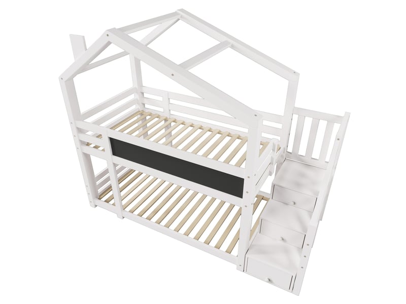 Lit superposé cabane enfant 90 x 200 cm avec escalier de rangement, tableau, barrières et 2 sommiers, blanc AB30512789W - Conforama E