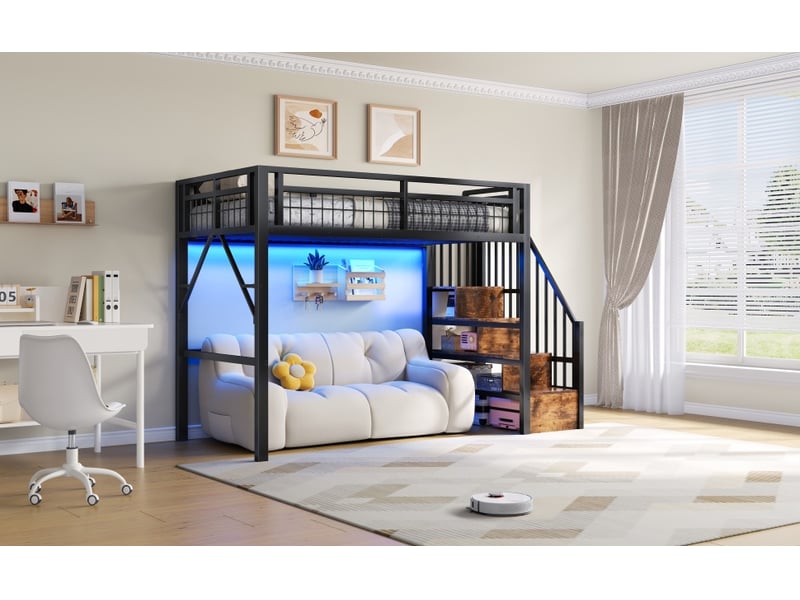  Lit mezzanine enfant 90 x 200 cm avec escalier de rangement et éclairage led, garde-corps et sommier à lattes inclus, métal, noir Morn Vibe - Conforama B
