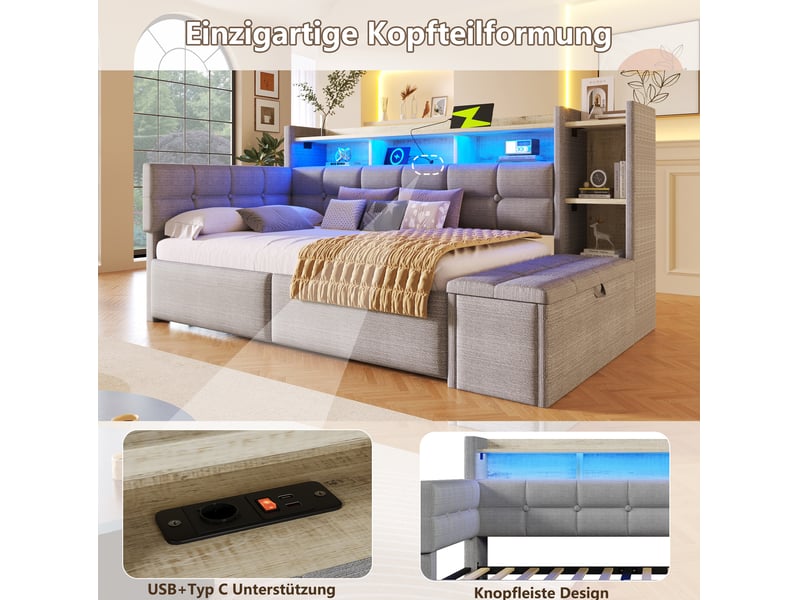  Lit enfant 90x190 cm, gain de place, avec 2 tiroirs, ports usb et type-c, led multicolore, velours, gris, sans matelas  - Conforama E