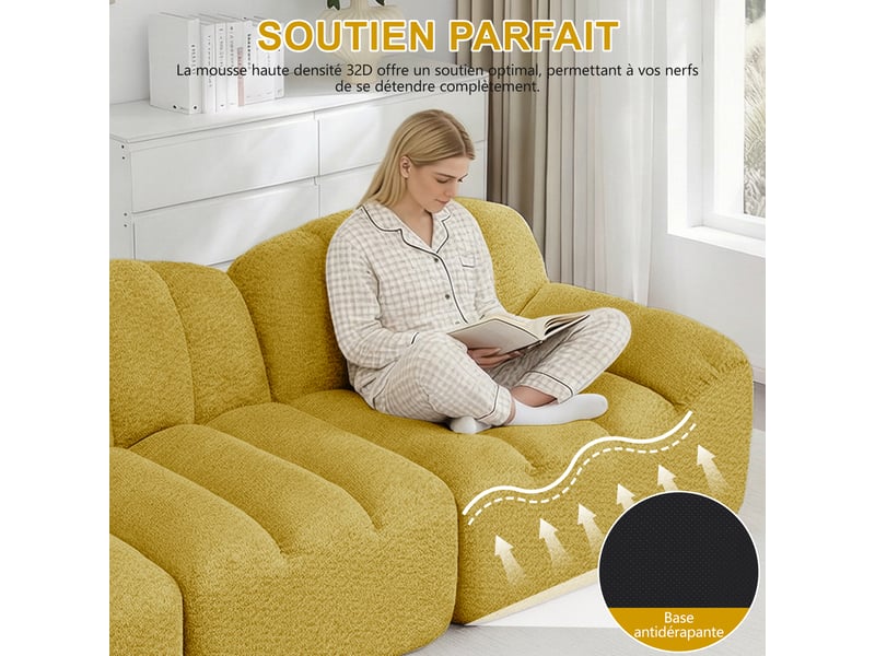  Canapé modulaire en l - 3 places - ottoman inclus - mousse haute densité 32d - velours côtelé - jaune - siège profond  - Conforama W