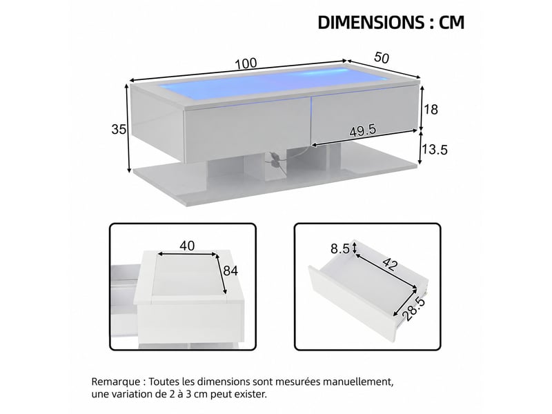  Table basse led blanche brillante avec plateau en verre trempé et 2 tiroirs, contrôle par application, 100x50x35 cm  - Conforama C
