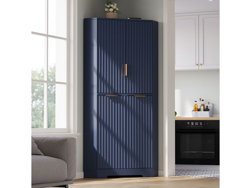 Buffet de cuisine 4 portes 60x60x172 cm - meuble d'angle avec étagères réglables et fixation anti-basculement - bleu - Conforama B