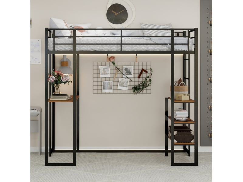  Lit mezzanine 90x190 cm avec bureau et rangements en fer noir  - Conforama D