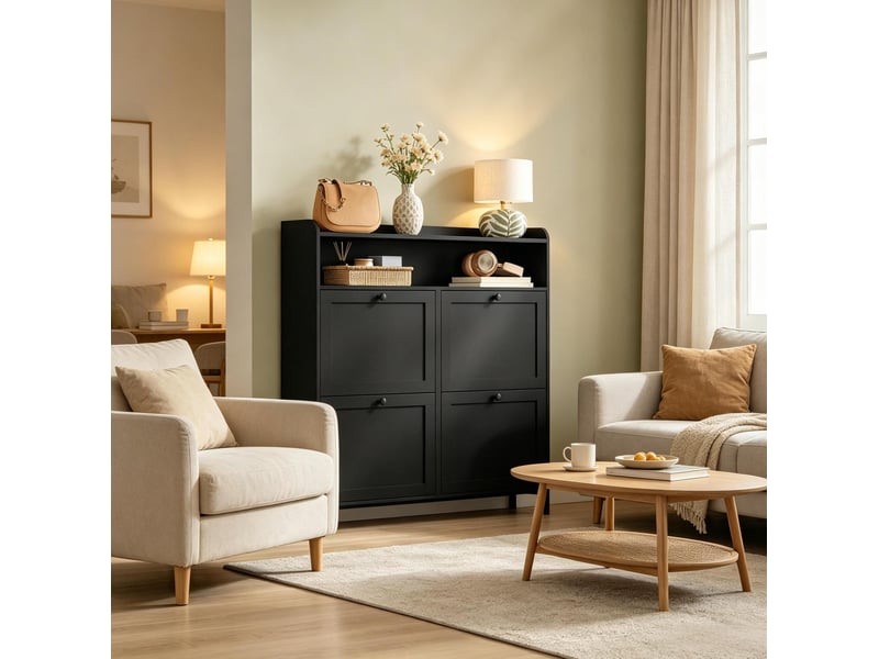  Meuble à chaussures étroit noir 100 x 19,5 x 107 cm avec 4 portes abattantes  - Conforama B