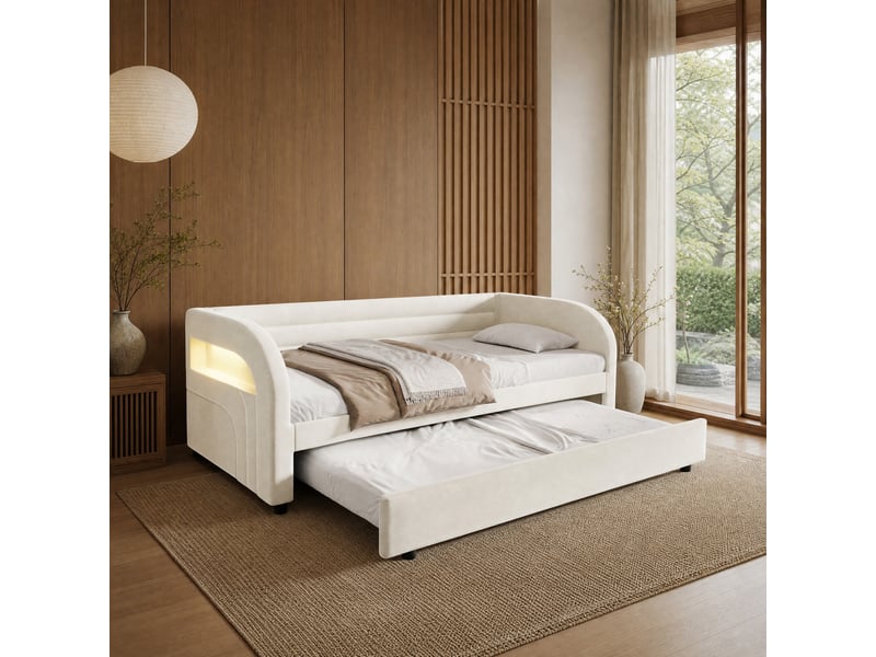 Lit banquette simple 90×200 cm avec lit gigogne et led - okmyhome- en flanelle beige, sans matelas  - Conforama B