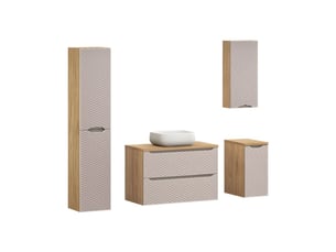 Salle de bain yoka beige : meuble sous vasque + plan pour vasque + vasque + colonne de rangement + 2 meubles de rangements