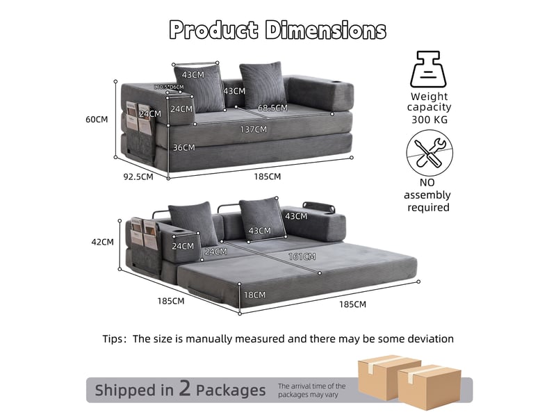  Canapé convertible pliable avec accoudoirs rabattables  - porte-gobelets et poches velours côtelé gris foncé  - Conforama D