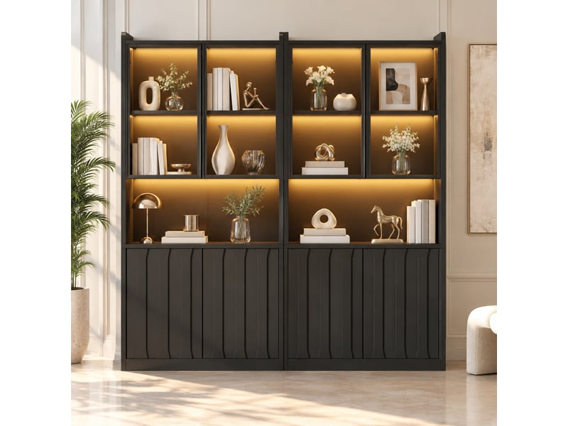  Vitrine double 8 portes, 10 compartiments et éclairage led, étagères réglables, pour salon, noir, 160 × 35 × 200 cm  - Conforama B
