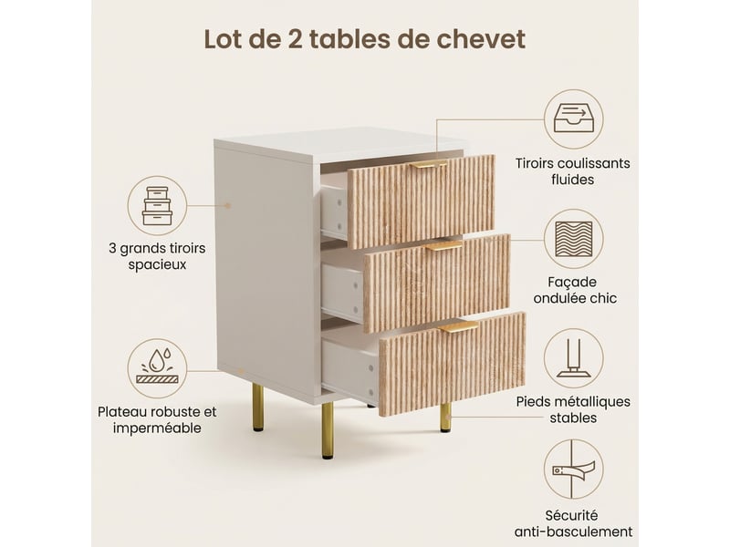 Lot de 2 tables de chevet, 40x40x65cm, avec 3 tiroirs de rangement, panneaux cannelés, en bois et métal, style moderne, blanc et bois  - Conforama C