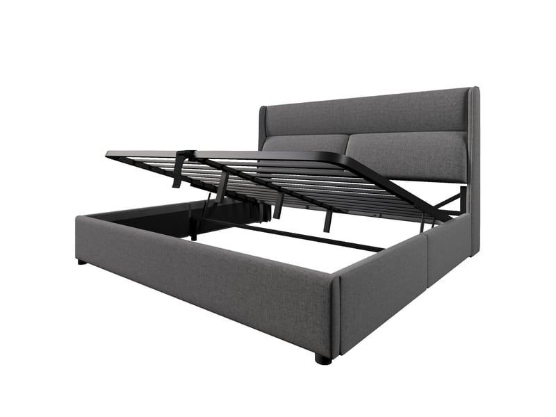  Lit coffre gris 160x200 cm avec matelas inclus et tête de lit réglable  - Conforama D