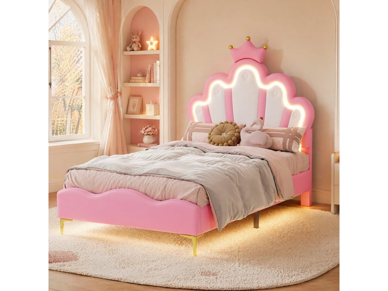  Lit enfant 200x90 cm en similicuir, lit simple avec couronne, led et hauteur réglable, sans matelas, rose  - Conforama C