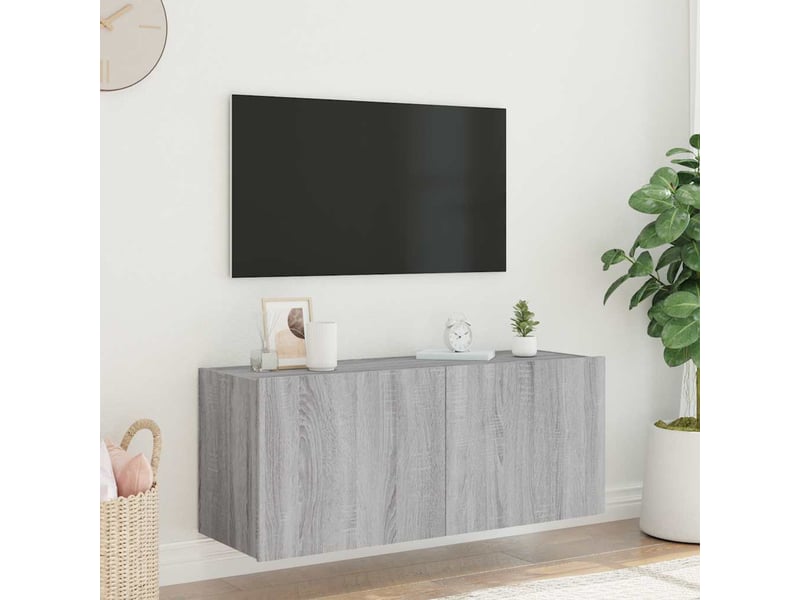  Meuble tv - banc tv - meuble de rangement mural avec lumières led sonoma gris 100x35x41 cm  - Conforama E