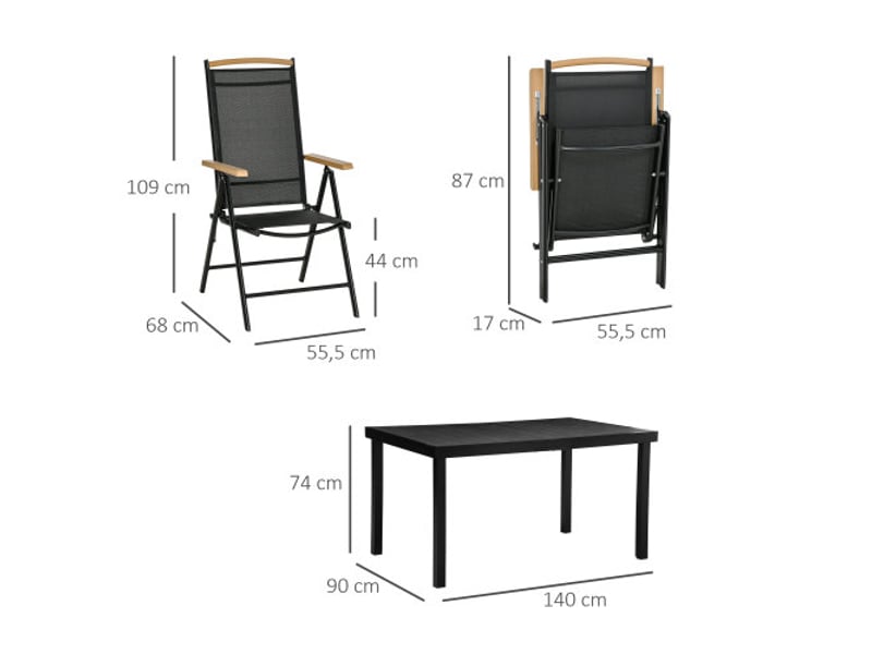  Salon de jardin pliable 6 personnes, table + 6 chaises, aluminium, maille, noir  - Conforama C