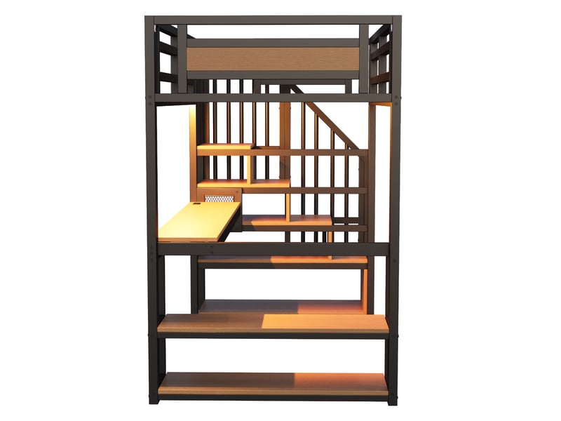  Lit mezzanine 90x200 cm en métal avec led, prise, escalier de rangement, bureau et étagères, noir Fay Lum - Conforama W