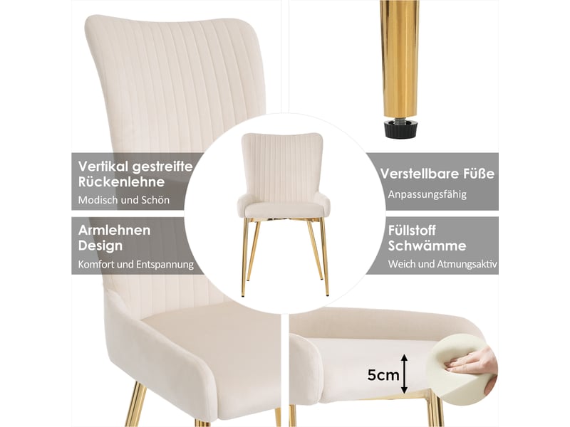  Chaises de salle à manger lot de 4 avec soutien lombaire  - pieds métal doré, velours - beige  - Conforama E