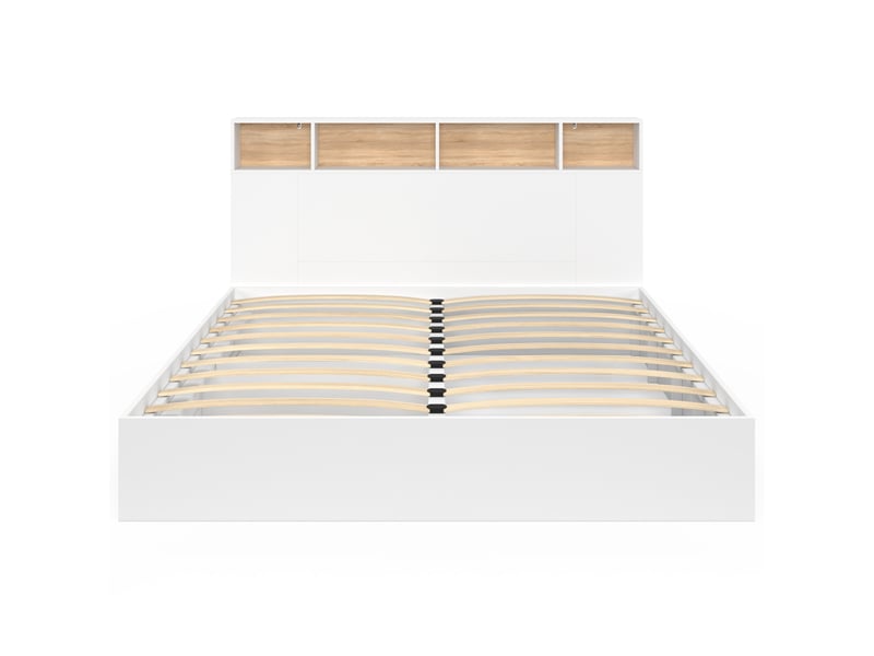  Lit double clem avec rangements + tête de lit et sommier 180 x 200 cm blanc et hêtre  - Conforama C
