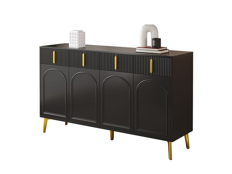  Buffet noir en mdf 140 cm – 4 portes, 4 tiroirs et détails dorés  - Conforama A