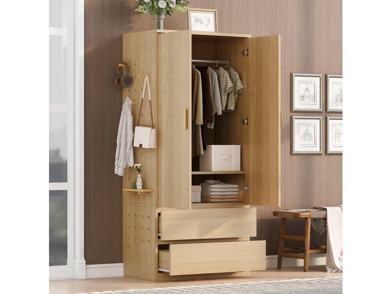  Armoire 70x50x170 cm coloris bois clair avec penderie, 2 tiroirs et panneau perforé  - Conforama D
